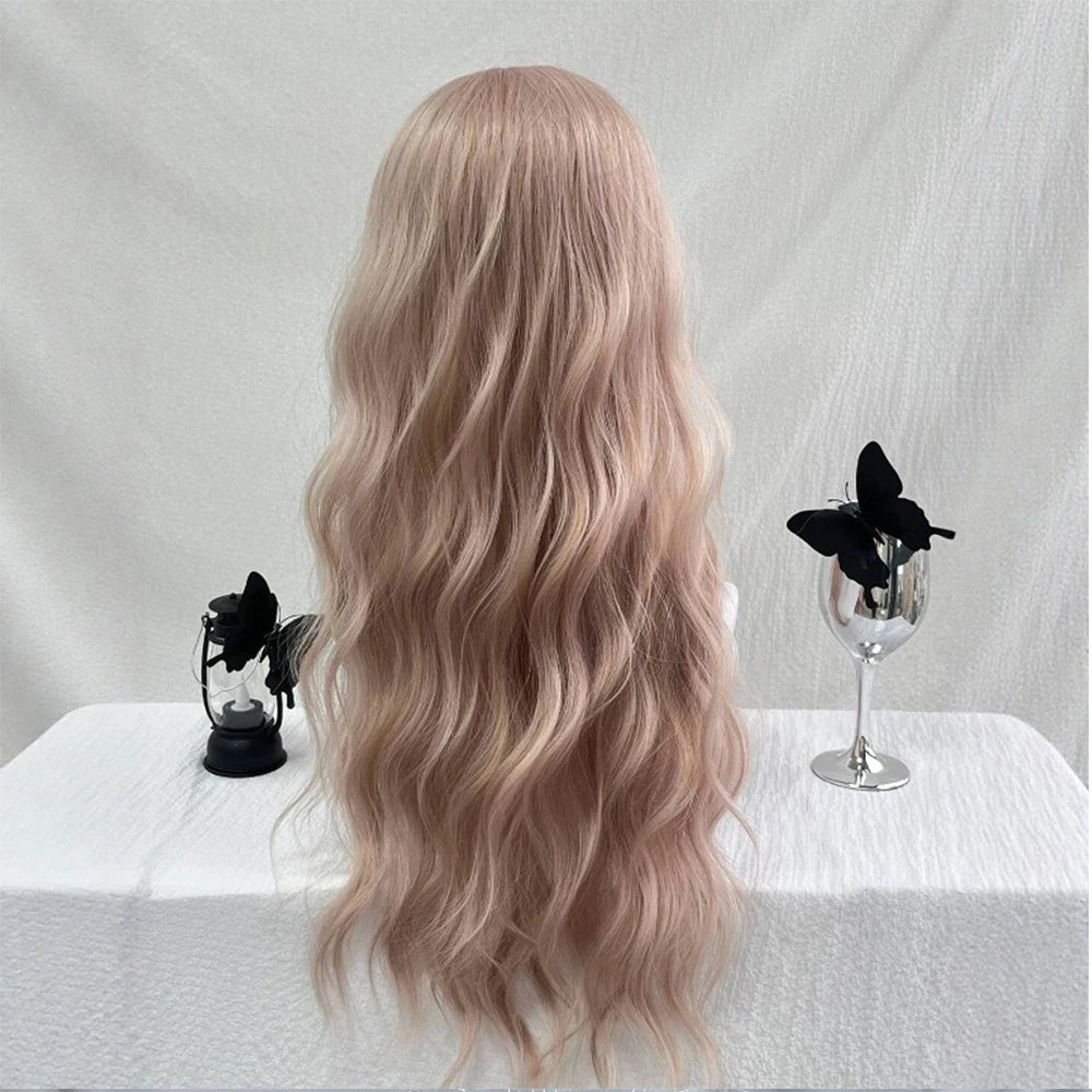 Pink Wavy Synthetic Wig with Bangs – Long Curly Heat-Resistant Hair