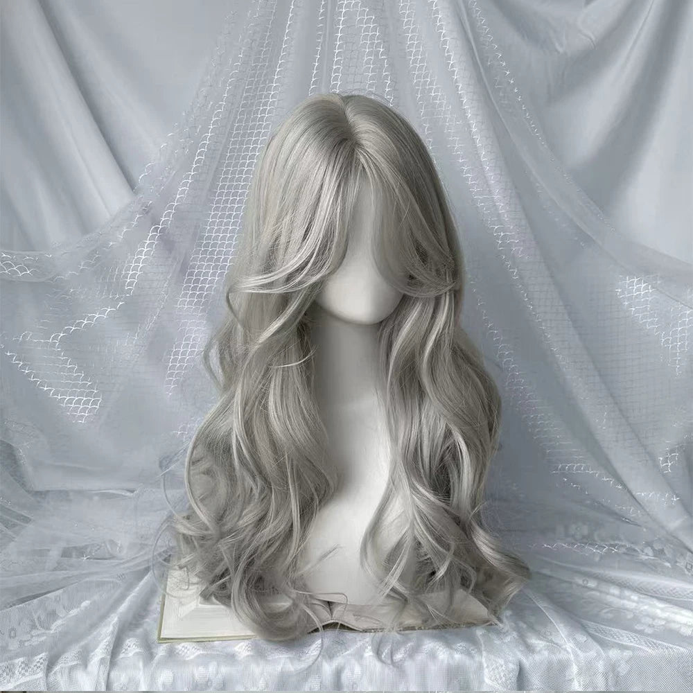 Pink Wavy Synthetic Wig with Bangs – Long Curly Heat-Resistant Hair