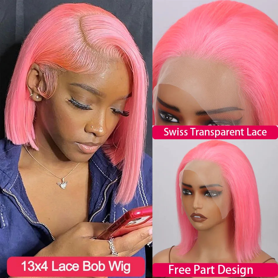 Pink Short Bob Wig – 13x4 Lace, 180% Human Hair