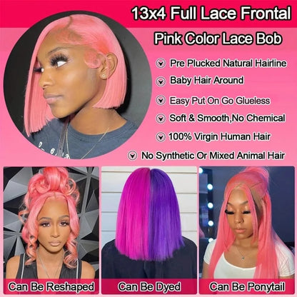 Pink Short Bob Wig – 13x4 Lace, 180% Human Hair