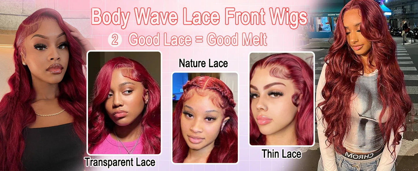 250% Density Burgundy Red Body Wave Wig – 13x4/13x6 HD Lace, Human Hair