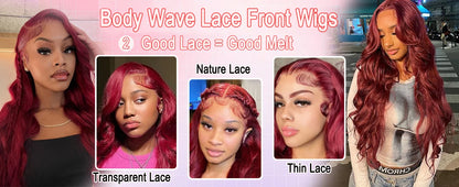 250% Density Burgundy Red Body Wave Wig – 13x4/13x6 HD Lace, Human Hair