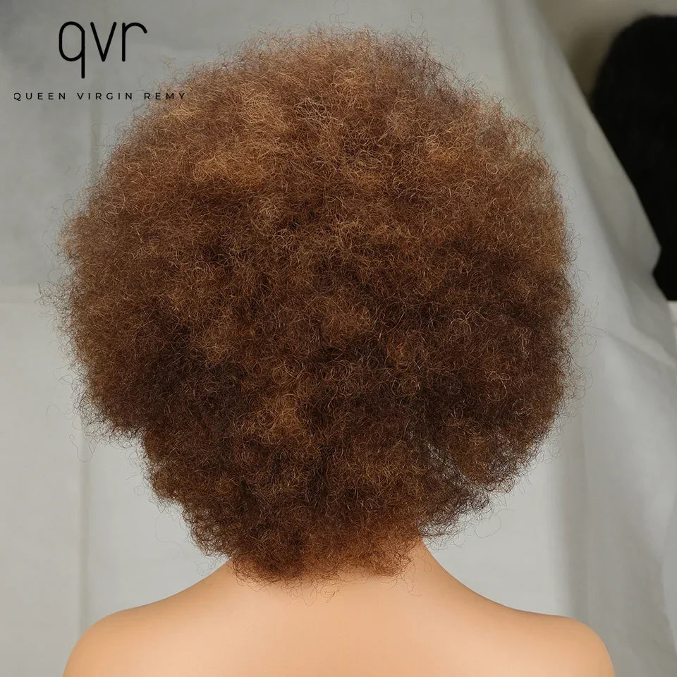 QVR Short Afro Kinky Curly Wig with Bangs – 180% Human Hair