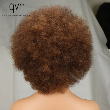 QVR Short Afro Kinky Curly Wig with Bangs – 180% Human Hair
