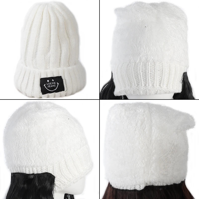 Fashionable Knitted Hat Wig – Long Curly Synthetic Hair for Women