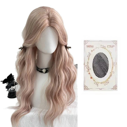Pink Wavy Synthetic Wig with Bangs – Long Curly Heat-Resistant Hair