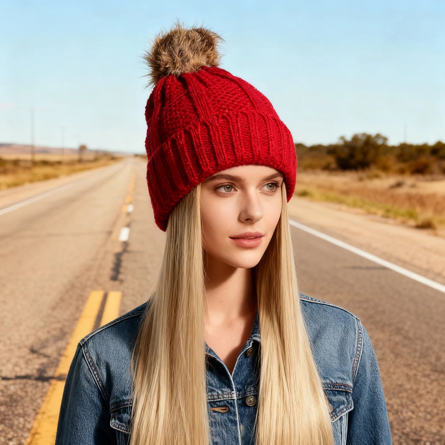 Women’s Winter Knit Hat Wig – Long Straight Black Synthetic Hair