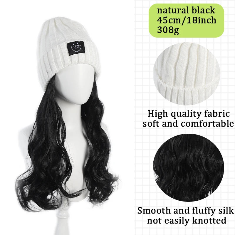 Fashionable Knitted Hat Wig – Long Curly Synthetic Hair for Women