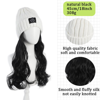 Fashionable Knitted Hat Wig – Long Curly Synthetic Hair for Women