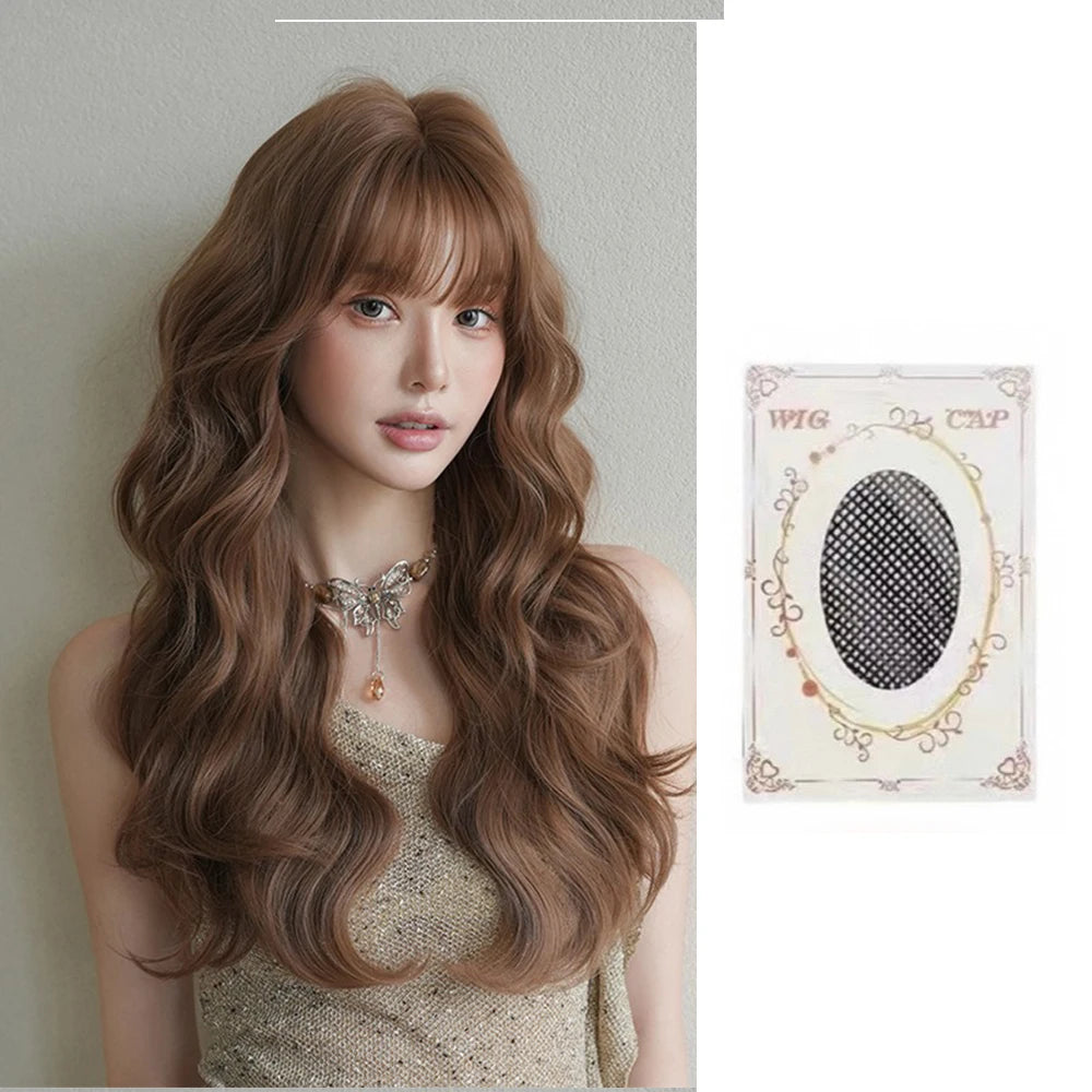 Pink Wavy Synthetic Wig with Bangs – Long Curly Heat-Resistant Hair