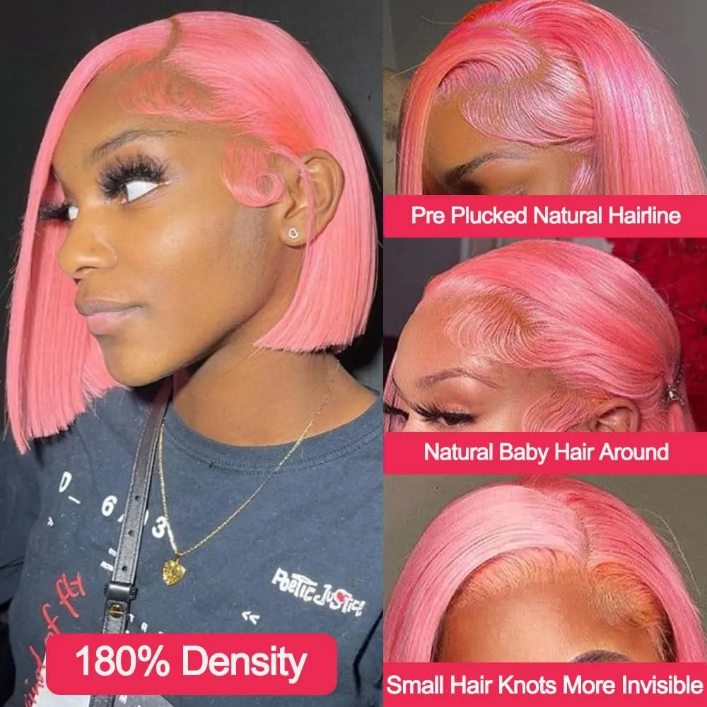 Pink Short Bob Wig – 13x4 Lace, 180% Human Hair