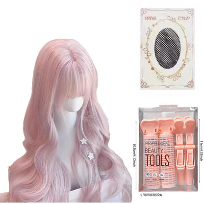 Pink Wavy Synthetic Wig with Bangs – Long Curly Heat-Resistant Hair