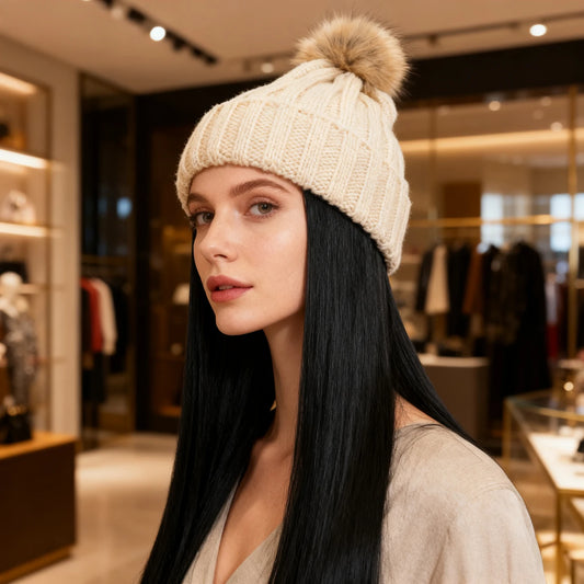 Women’s Winter Knit Hat Wig – Long Straight Black Synthetic Hair