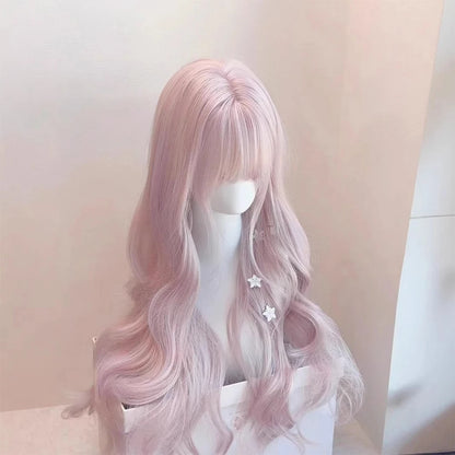 Pink Wavy Synthetic Wig with Bangs – Long Curly Heat-Resistant Hair