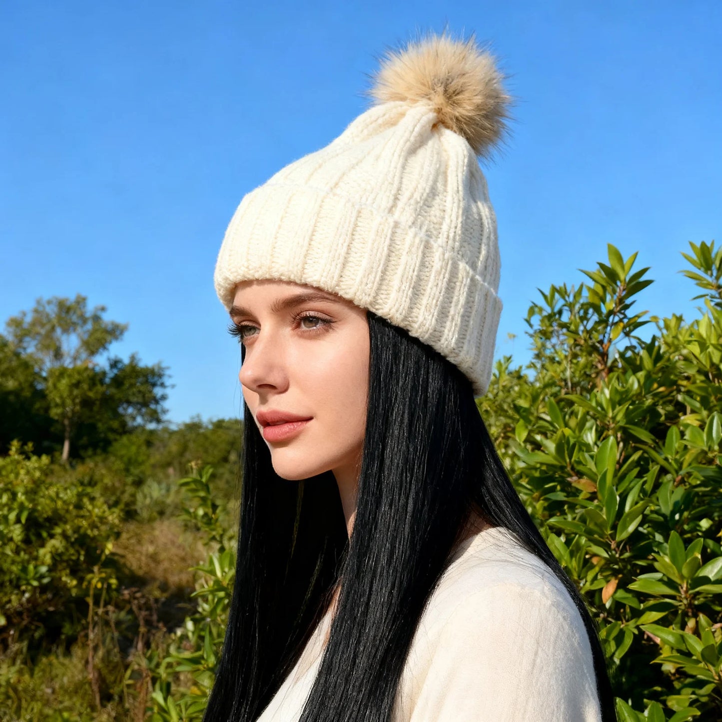 Women’s Winter Knit Hat Wig – Long Straight Black Synthetic Hair