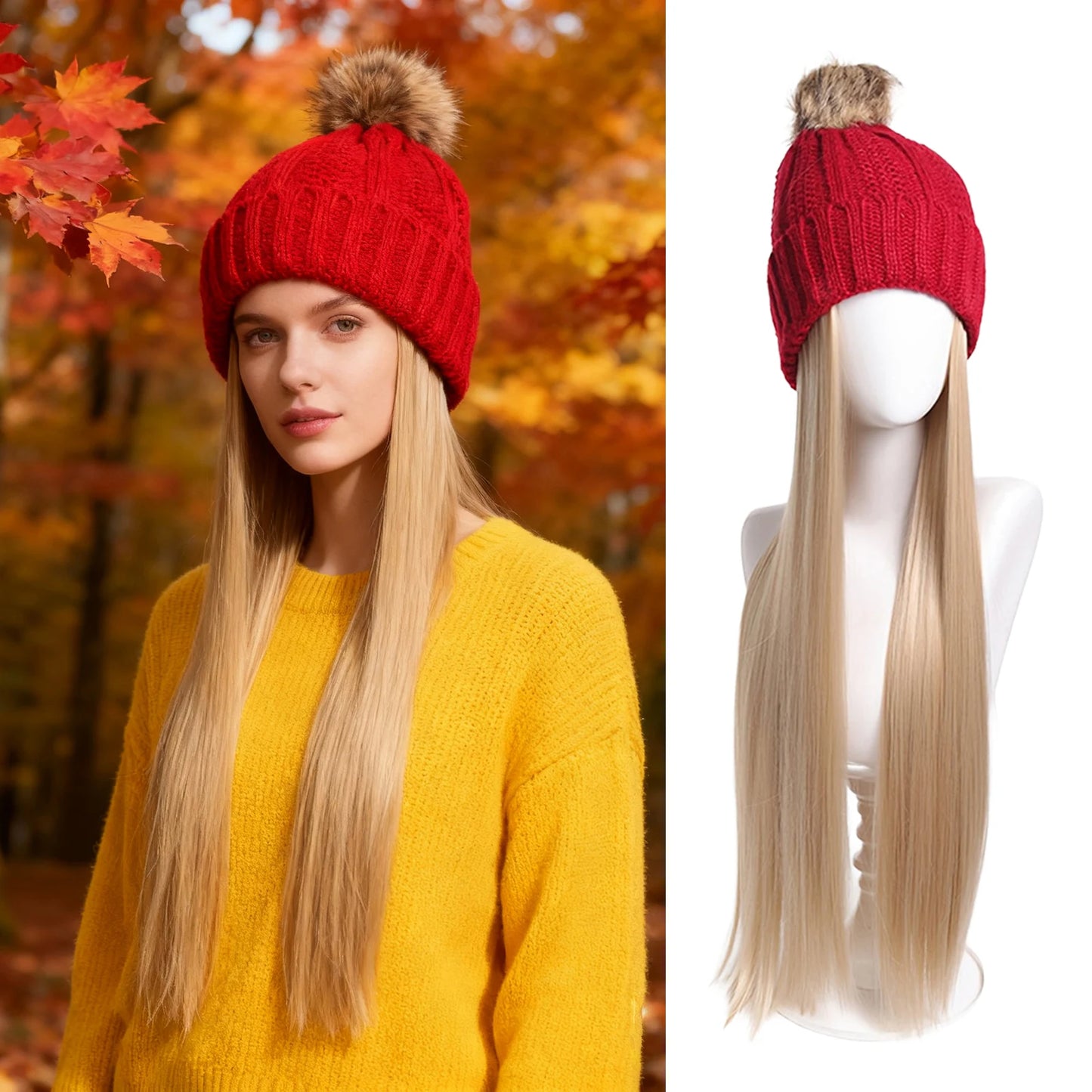 Women’s Winter Knit Hat Wig – Long Straight Black Synthetic Hair