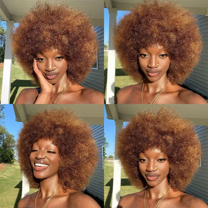 QVR Short Afro Kinky Curly Wig with Bangs – 180% Human Hair