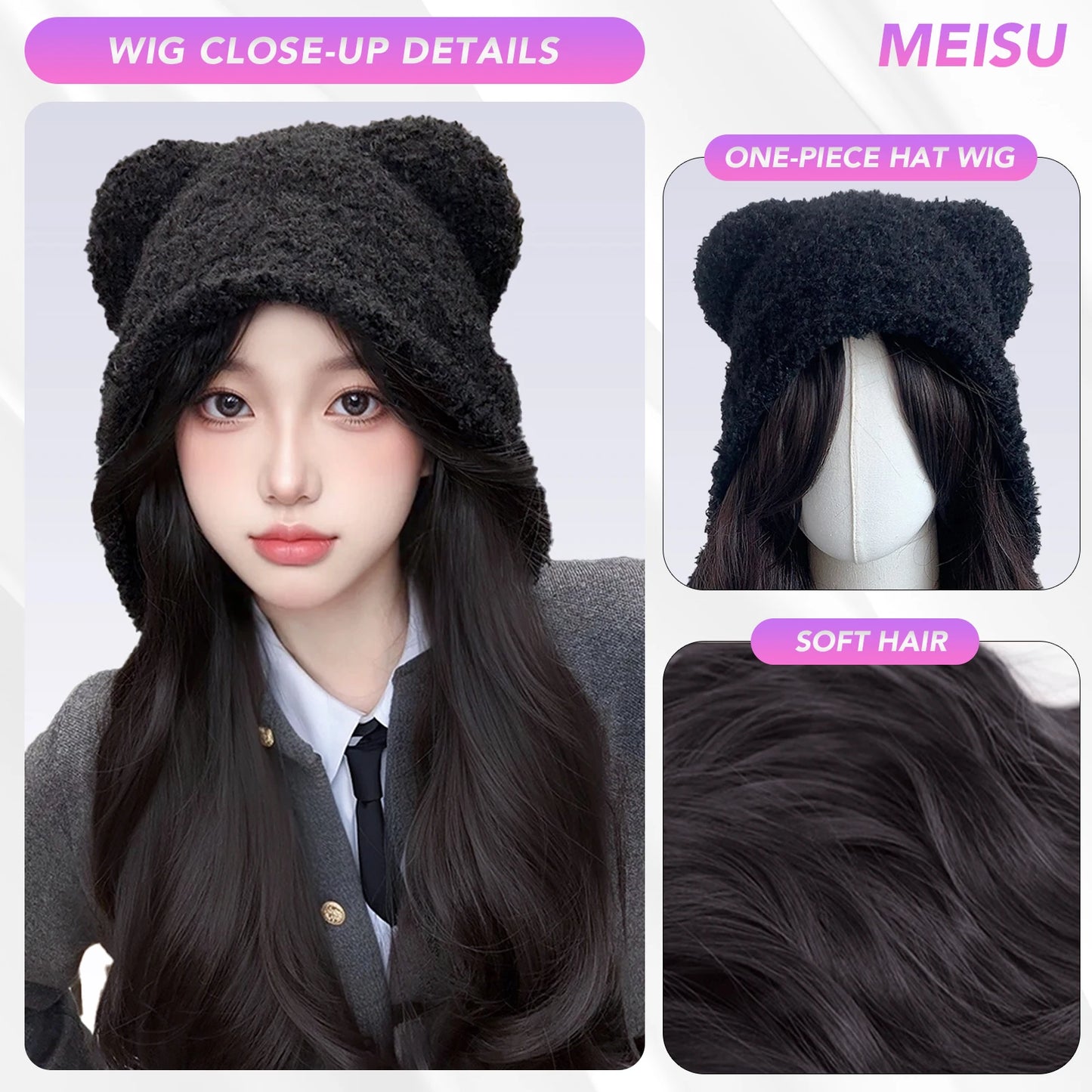 MEISU 20” Bear Hat Wig – Black Synthetic Hair, Heat-Resistant