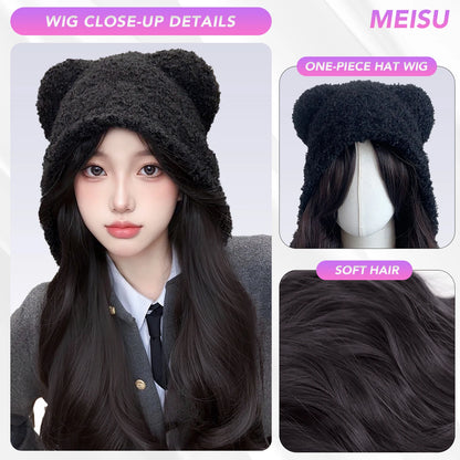 MEISU 20” Bear Hat Wig – Black Synthetic Hair, Heat-Resistant