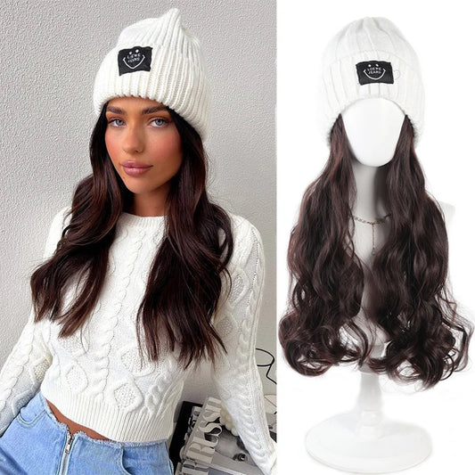 Fashionable Knitted Hat Wig – Long Curly Synthetic Hair for Women