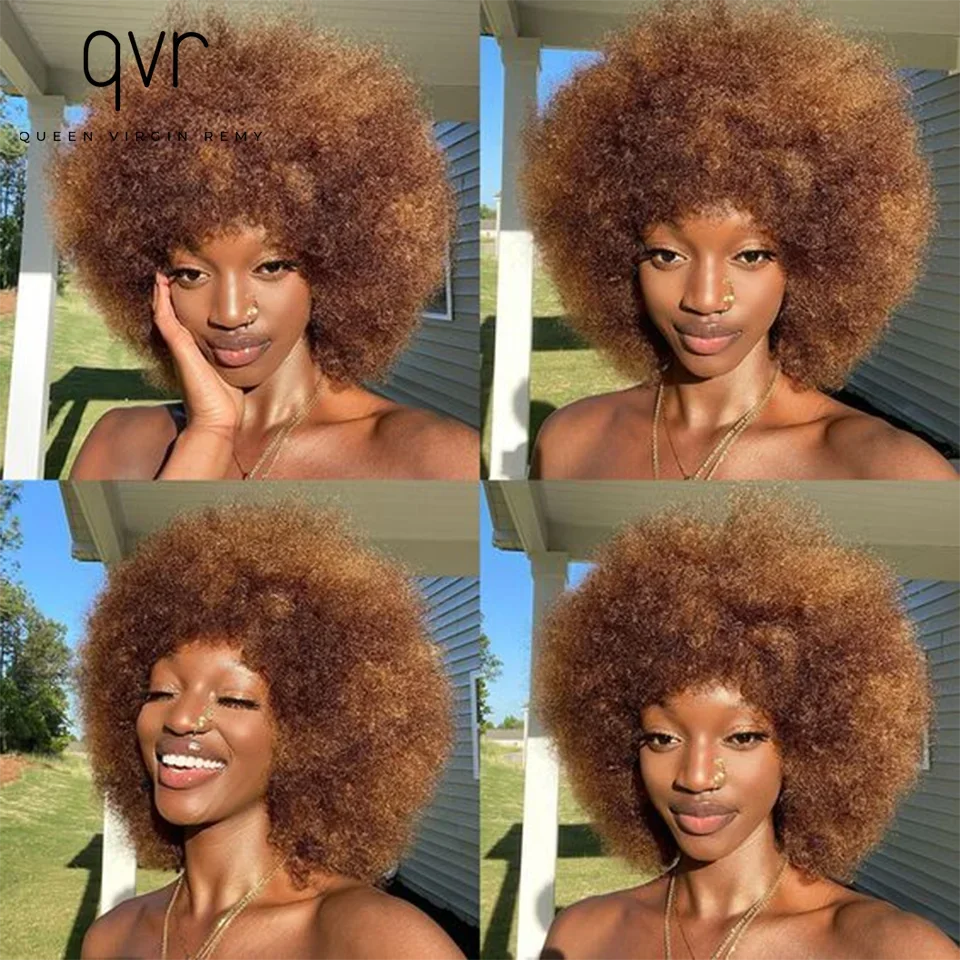QVR Short Afro Kinky Curly Wig with Bangs – 180% Human Hair