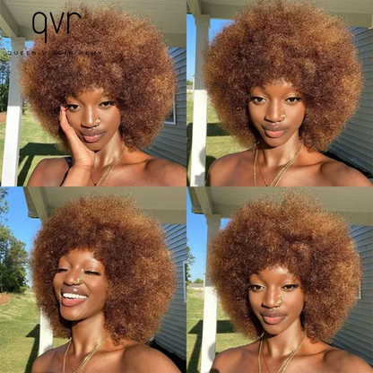 QVR Short Afro Kinky Curly Wig with Bangs – 180% Human Hair