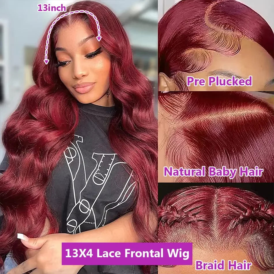 250% Density Burgundy Red Body Wave Wig – 13x4/13x6 HD Lace, Human Hair