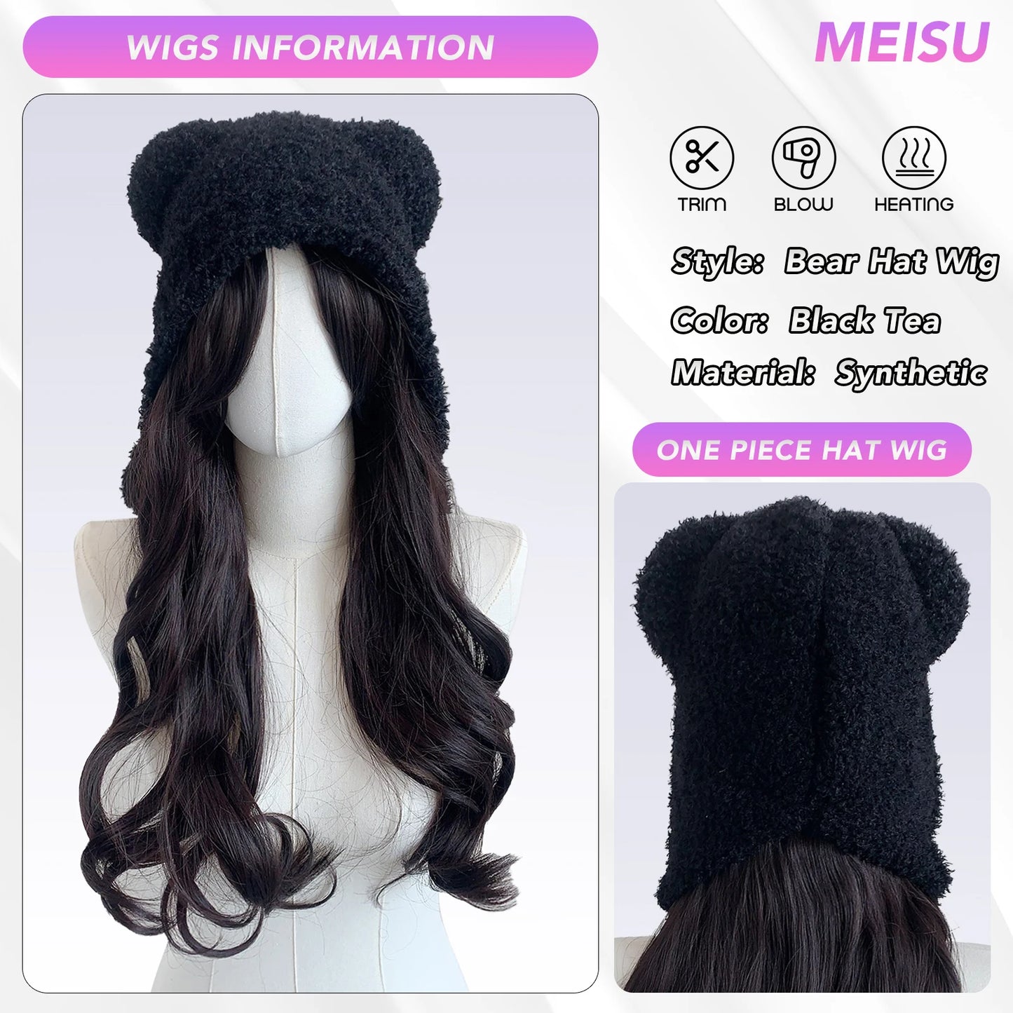 MEISU 20” Bear Hat Wig – Black Synthetic Hair, Heat-Resistant