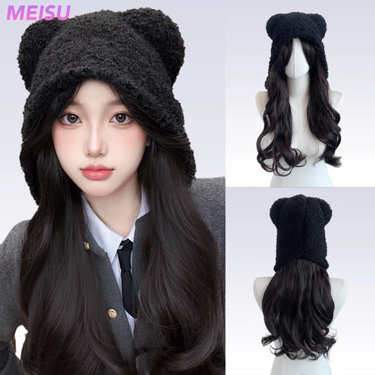 MEISU 20” Bear Hat Wig – Black Synthetic Hair, Heat-Resistant