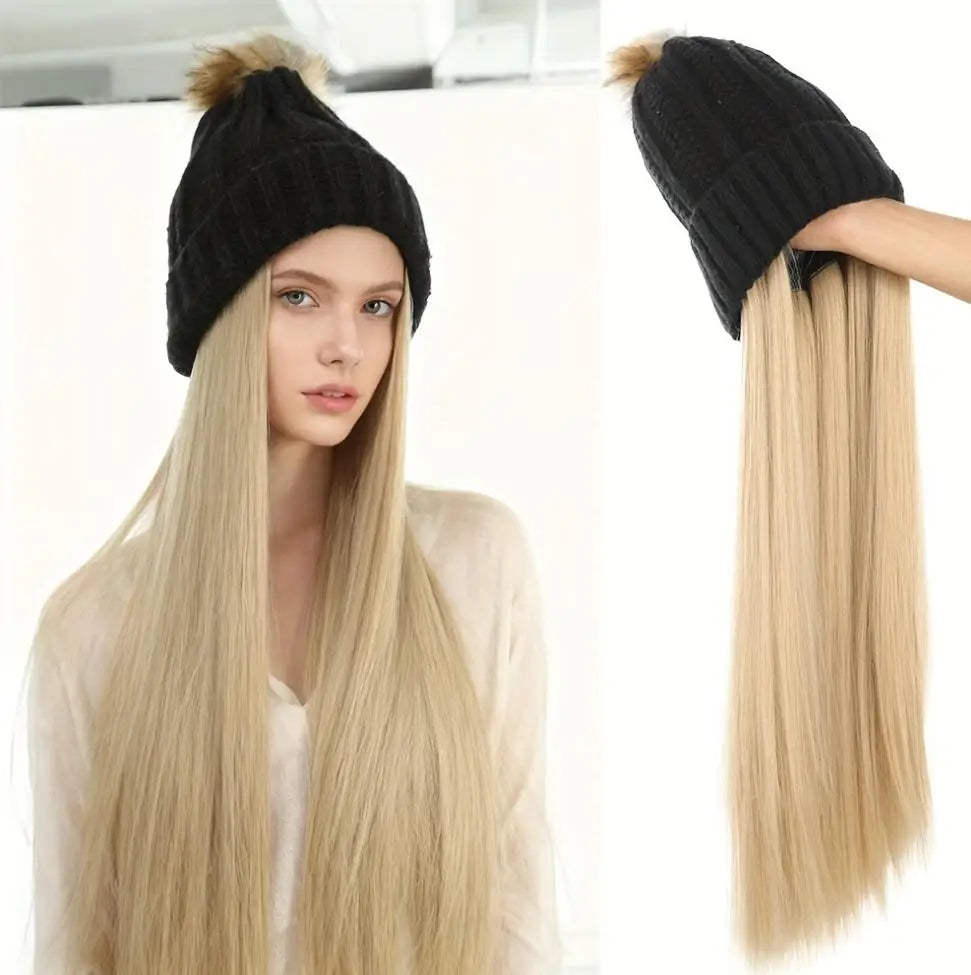 Women’s Winter Knit Hat Wig – Long Straight Black Synthetic Hair