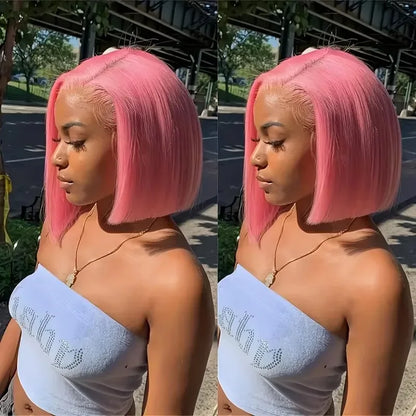 Pink Short Bob Wig – 13x4 Lace, 180% Human Hair