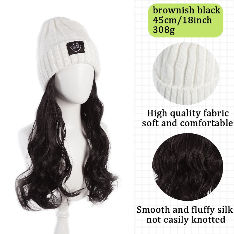 Fashionable Knitted Hat Wig – Long Curly Synthetic Hair for Women