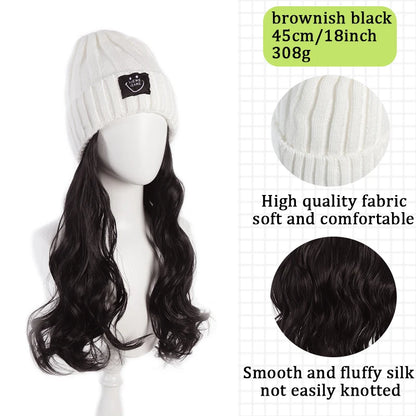 Fashionable Knitted Hat Wig – Long Curly Synthetic Hair for Women