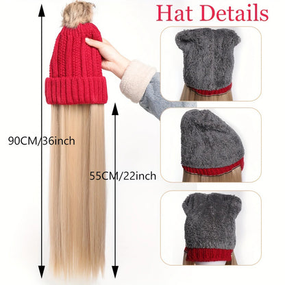 Women’s Winter Knit Hat Wig – Long Straight Black Synthetic Hair