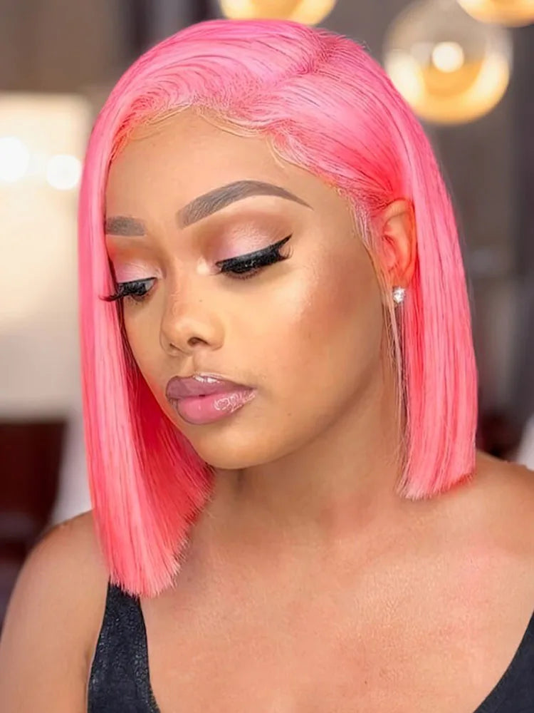 Pink Short Bob Wig – 13x4 Lace, 180% Human Hair