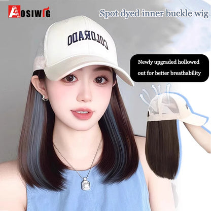 Synthetic Long Straight Cap Wig – Black with Blue & Off-White Highlights