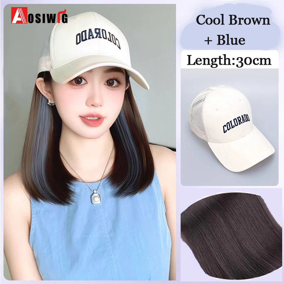 Synthetic Long Straight Cap Wig – Black with Blue & Off-White Highlights
