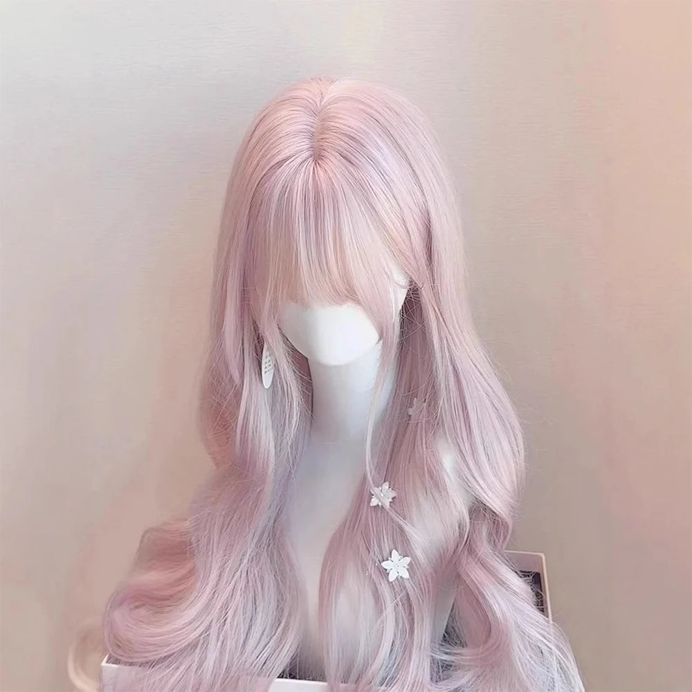 Pink Wavy Synthetic Wig with Bangs – Long Curly Heat-Resistant Hair
