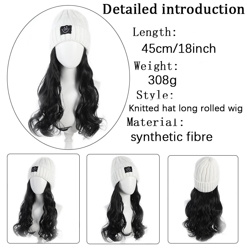 Fashionable Knitted Hat Wig – Long Curly Synthetic Hair for Women