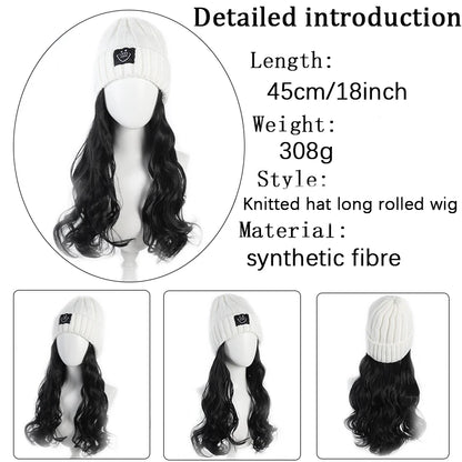 Fashionable Knitted Hat Wig – Long Curly Synthetic Hair for Women