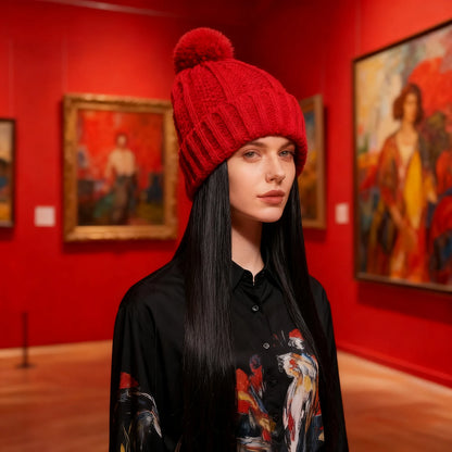 Women’s Winter Knit Hat Wig – Long Straight Black Synthetic Hair