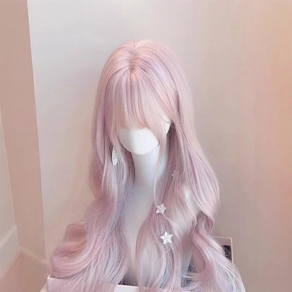 Pink Wavy Synthetic Wig with Bangs – Long Curly Heat-Resistant Hair