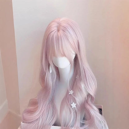 Pink Wavy Synthetic Wig with Bangs – Long Curly Heat-Resistant Hair