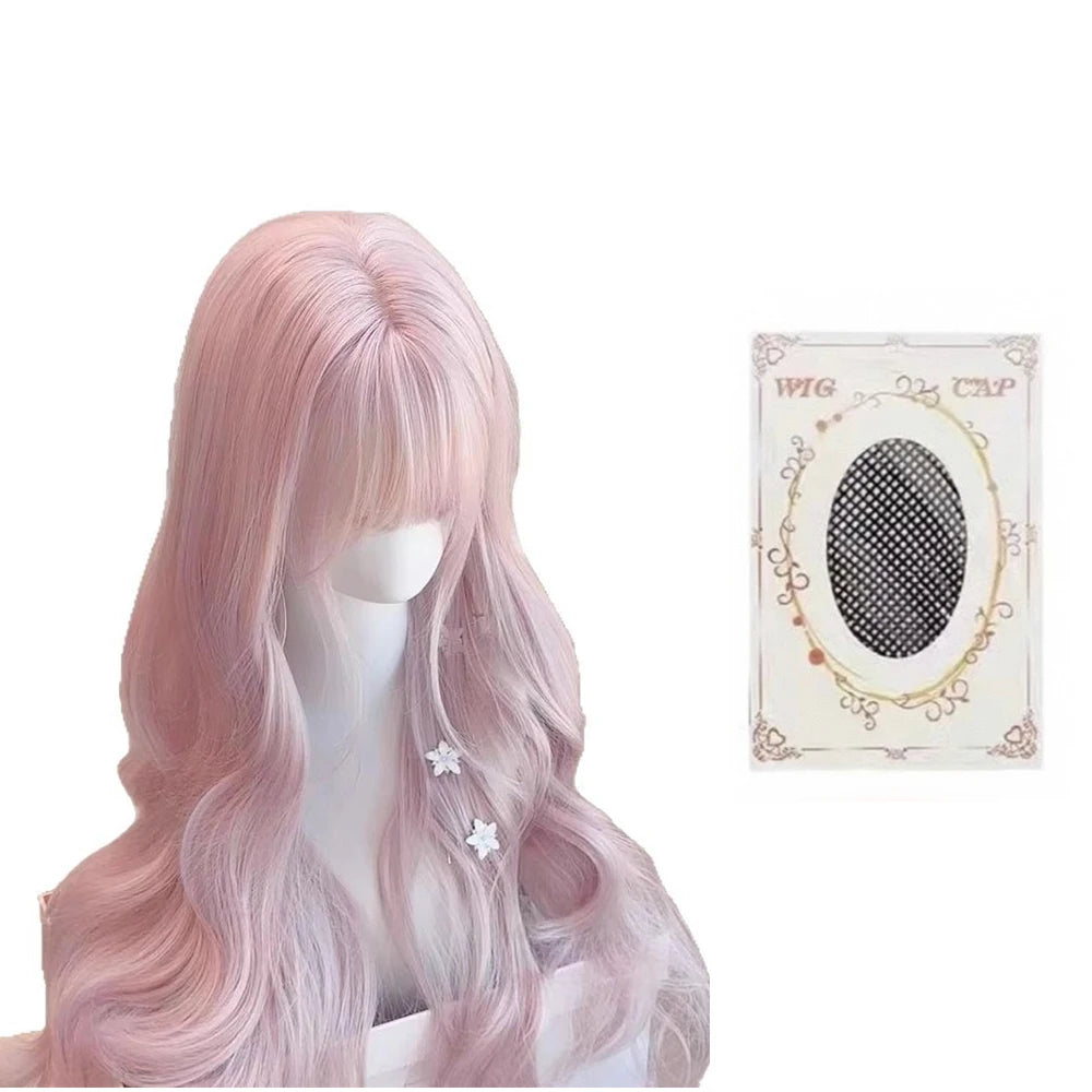 Pink Wavy Synthetic Wig with Bangs – Long Curly Heat-Resistant Hair