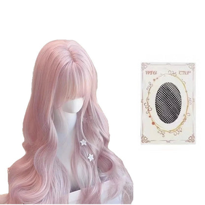 Pink Wavy Synthetic Wig with Bangs – Long Curly Heat-Resistant Hair