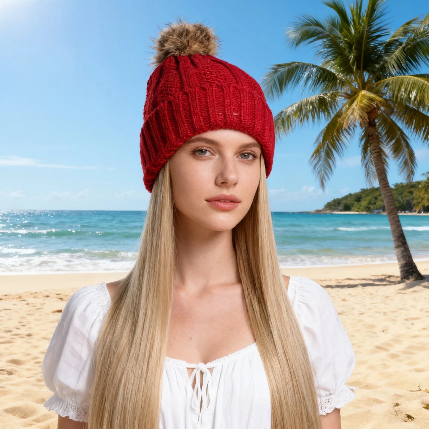 Women’s Winter Knit Hat Wig – Long Straight Black Synthetic Hair