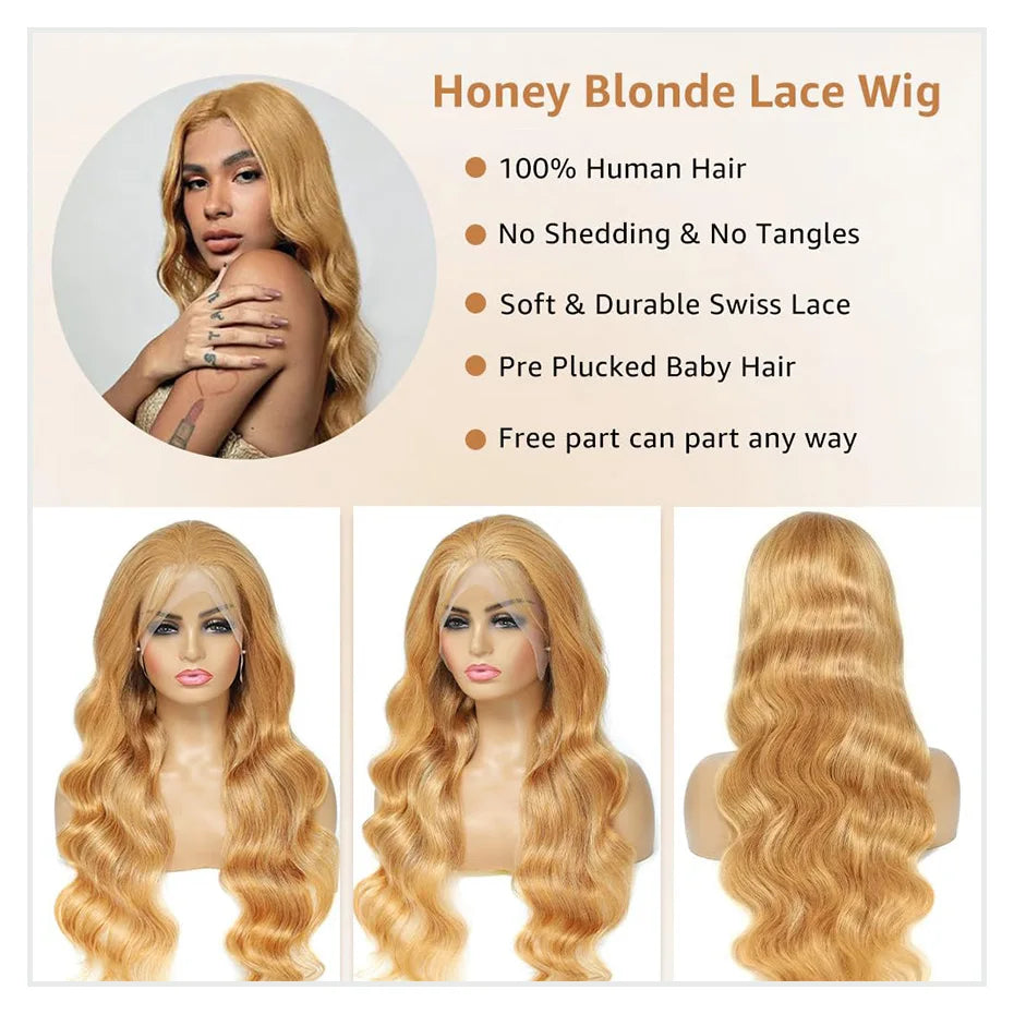 Honey Blonde Body Wave Wig – 13x6 HD Lace, Pre-Plucked Human Hair