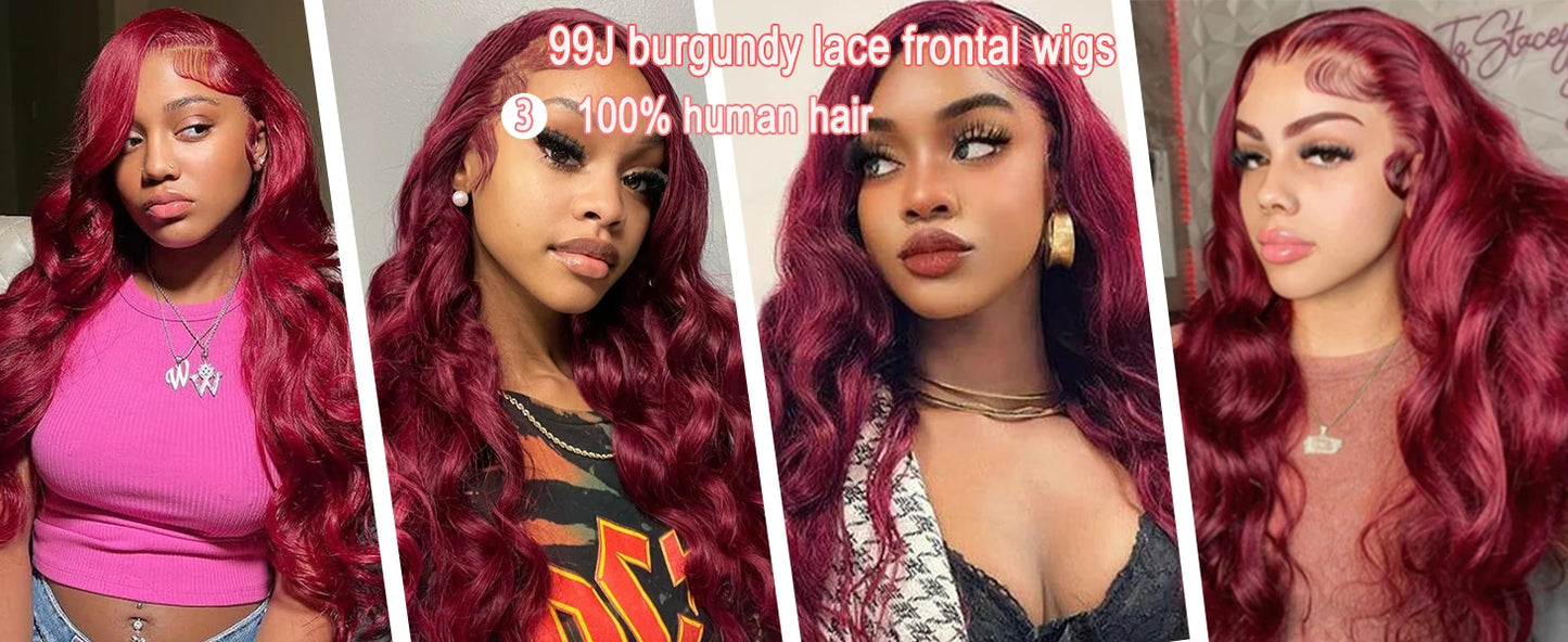 250% Density Burgundy Red Body Wave Wig – 13x4/13x6 HD Lace, Human Hair