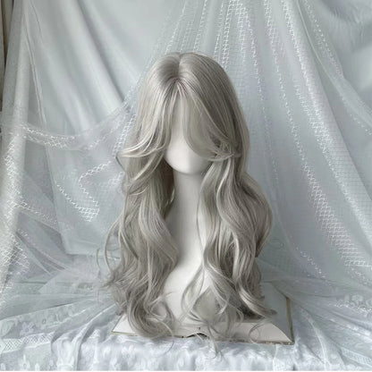 Pink Wavy Synthetic Wig with Bangs – Long Curly Heat-Resistant Hair