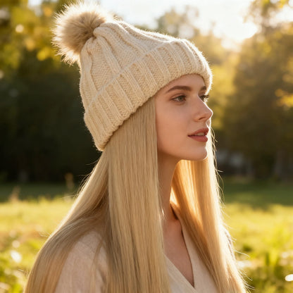 Women’s Winter Knit Hat Wig – Long Straight Black Synthetic Hair